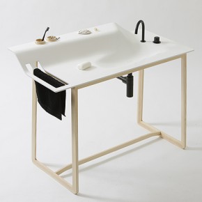 Multifuncional lavabo realizado en piedra acrílica Hi-Macs y madera natural Multifuncional lavabo realizado en piedra acrílica Hi-Macs y madera natural